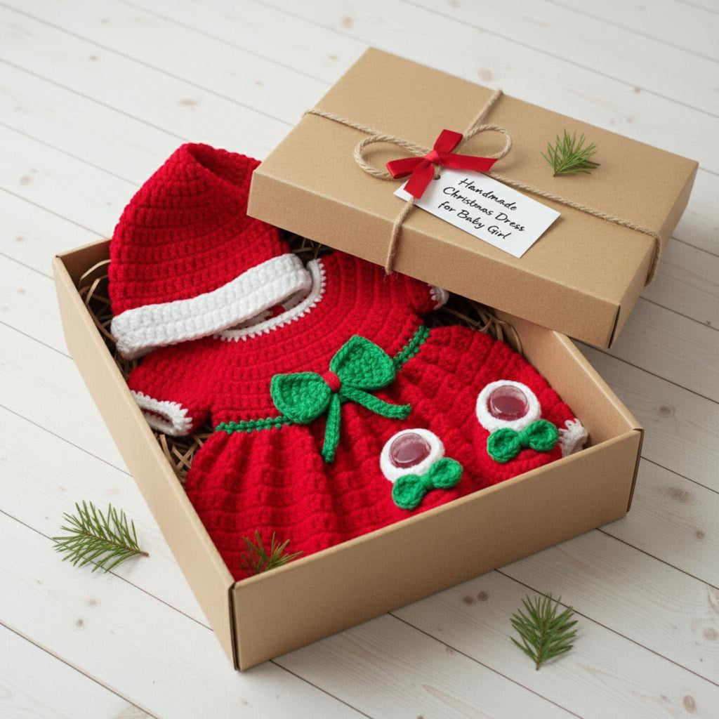 A handmade Christmas-themed crochet pet dress and matching hat presented in an open kraft gift box with the lid leaning behind it. The dress is bright red with a green bow, white trim, and small white paw-print embellishments, while the hat has a white trim.