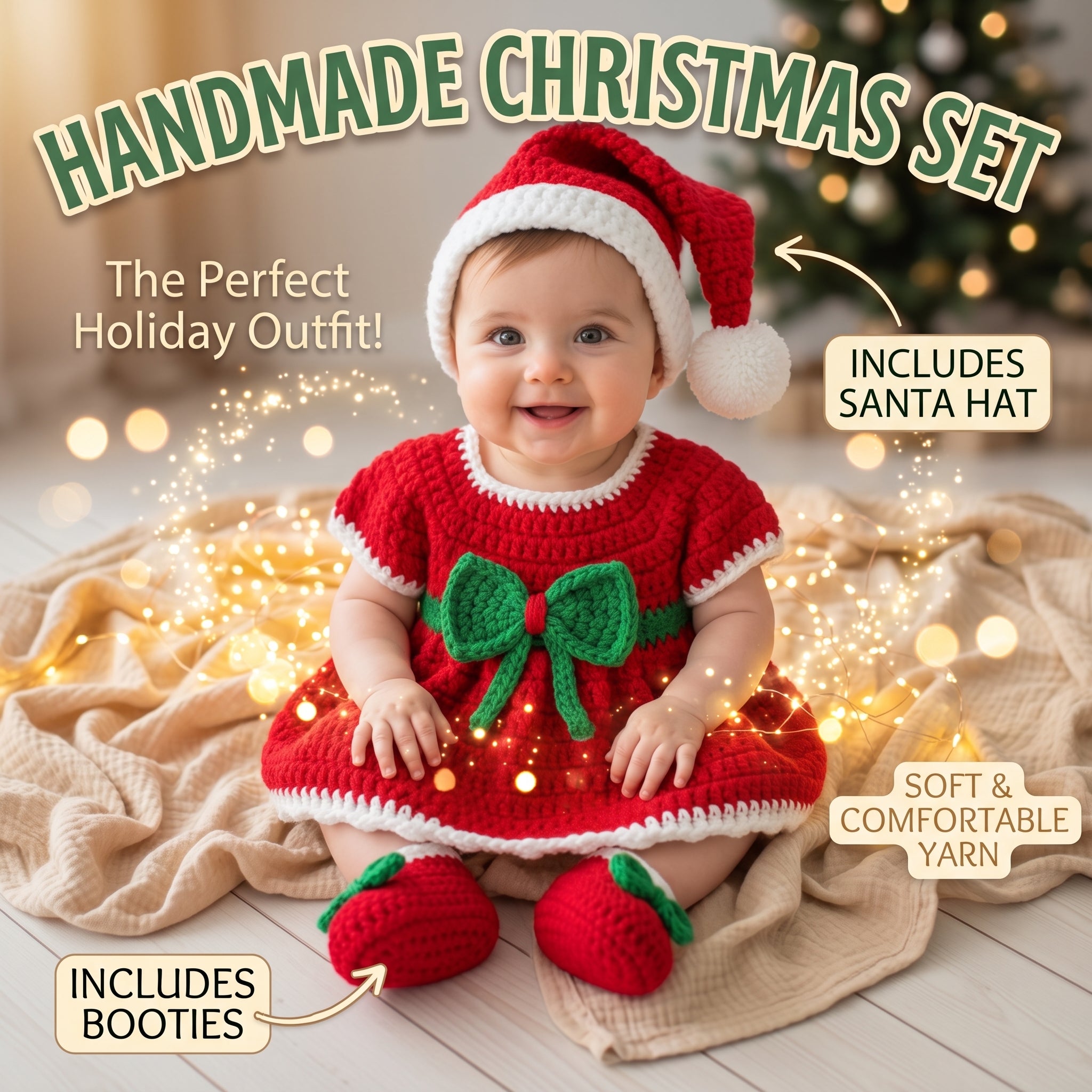 A baby wearing a handmade Christmas outfit set consisting of a red dress with a green bow, matching red booties, and a Santa hat, sitting on a blanket with warm fairy lights. Text overlays describe the set and its contents.