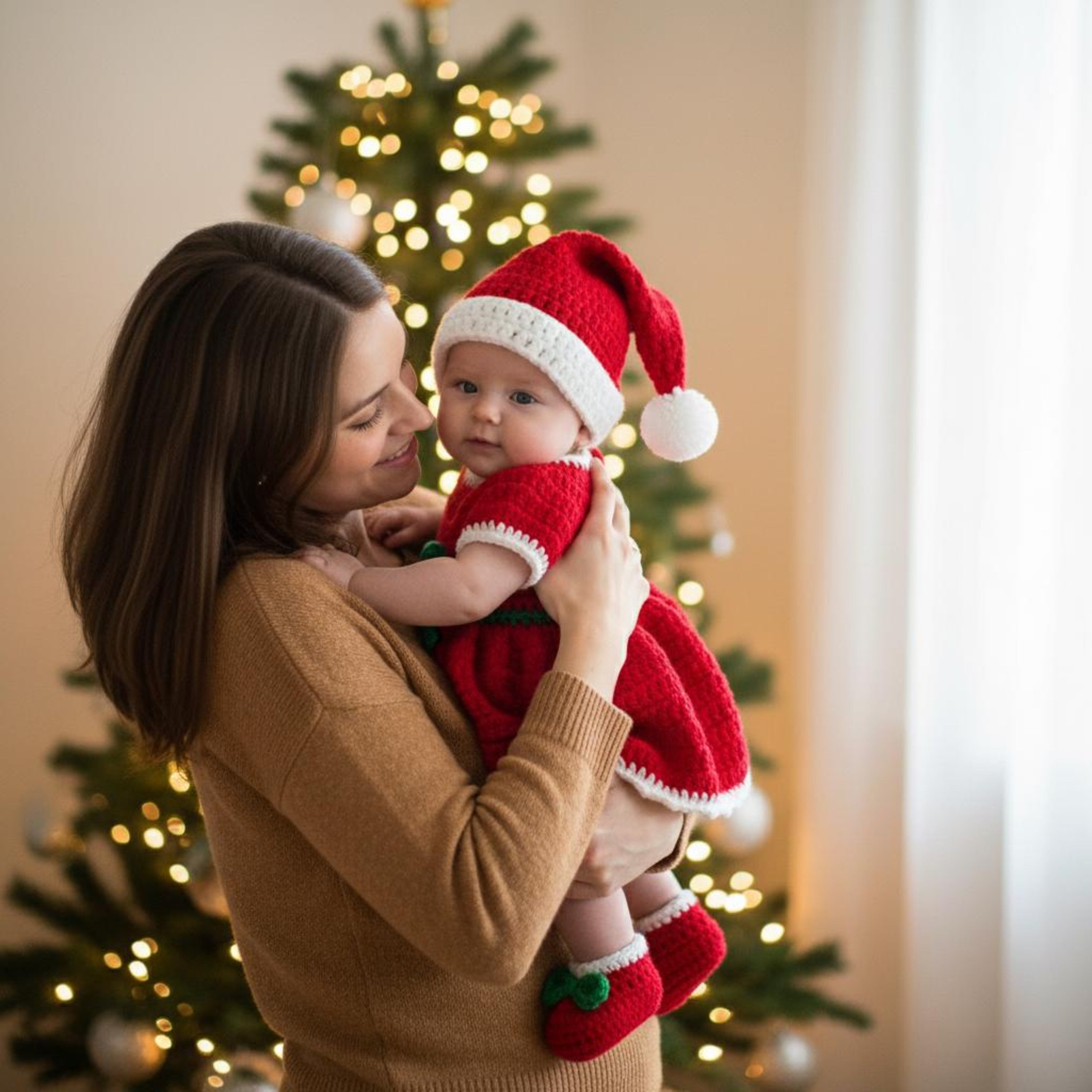 A woman in a tan sweater holds a baby wearing a red and green knit Christmas outfit with a Santa hat and booties, posed in front of a softly blurred Christmas tree with warm lights.