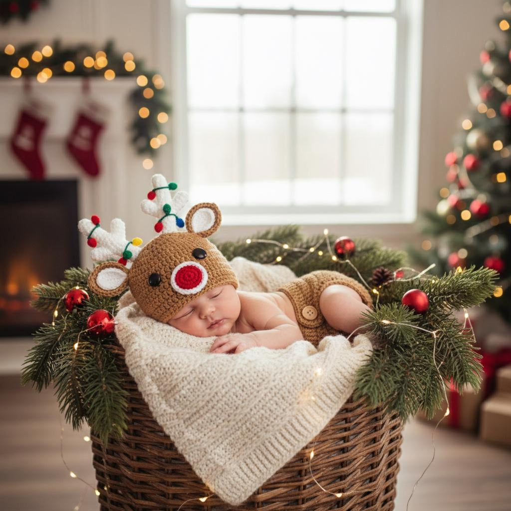 Handmade Crochet Reindeer Baby Outfit, Christmas Antler Hat & Diaper Cover Set, Newborn Photo Prop, Baby’s First Christmas Gift