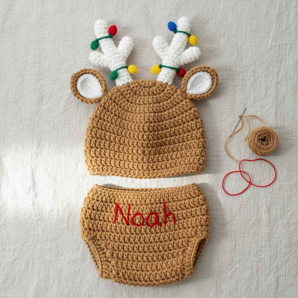 Handmade Crochet Reindeer Baby Outfit, Christmas Antler Hat & Diaper Cover Set, Newborn Photo Prop, Baby’s First Christmas Gift