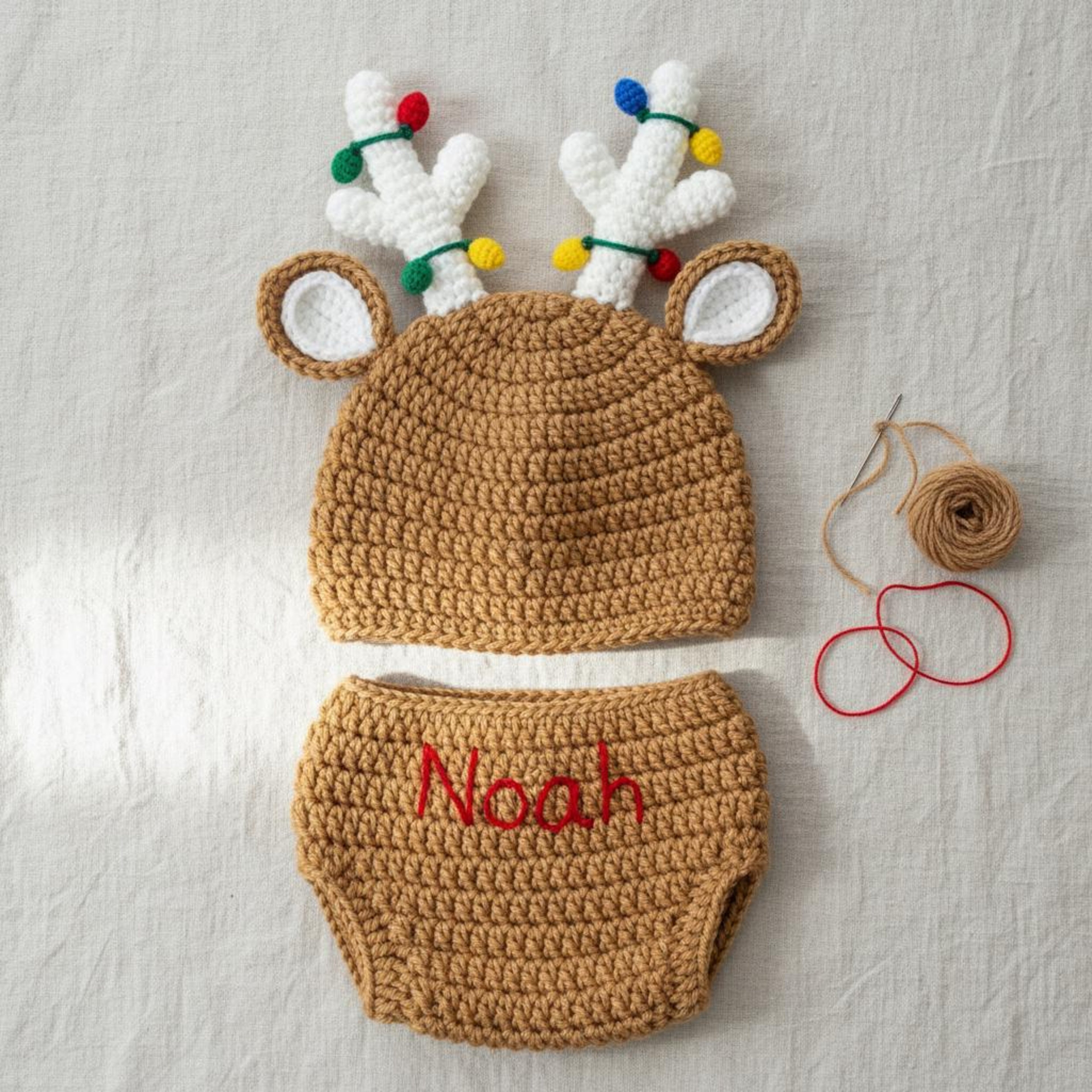 Handmade Crochet Reindeer Baby Outfit, Christmas Antler Hat & Diaper Cover Set, Newborn Photo Prop, Baby’s First Christmas Gift