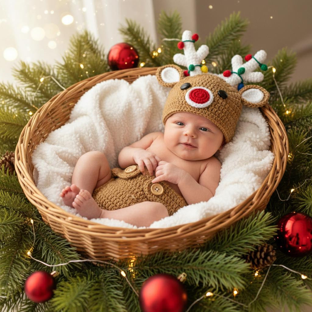 Handmade Crochet Reindeer Baby Outfit, Christmas Antler Hat & Diaper Cover Set, Newborn Photo Prop, Baby’s First Christmas Gift