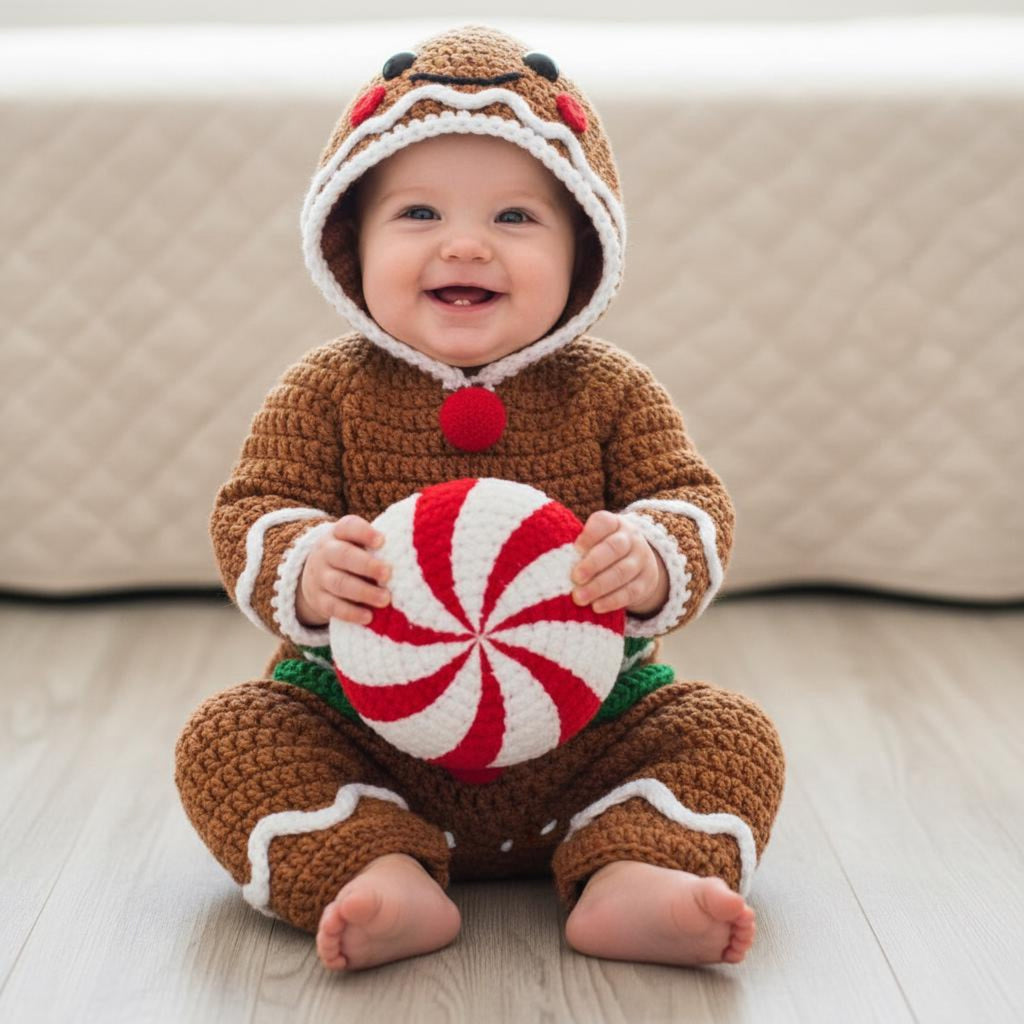 Adorable Crochet Gingerbread Baby Outfit, Handmade Christmas Hooded Romper, Newborn Holiday Photo Prop, Baby’s First Christmas Gift