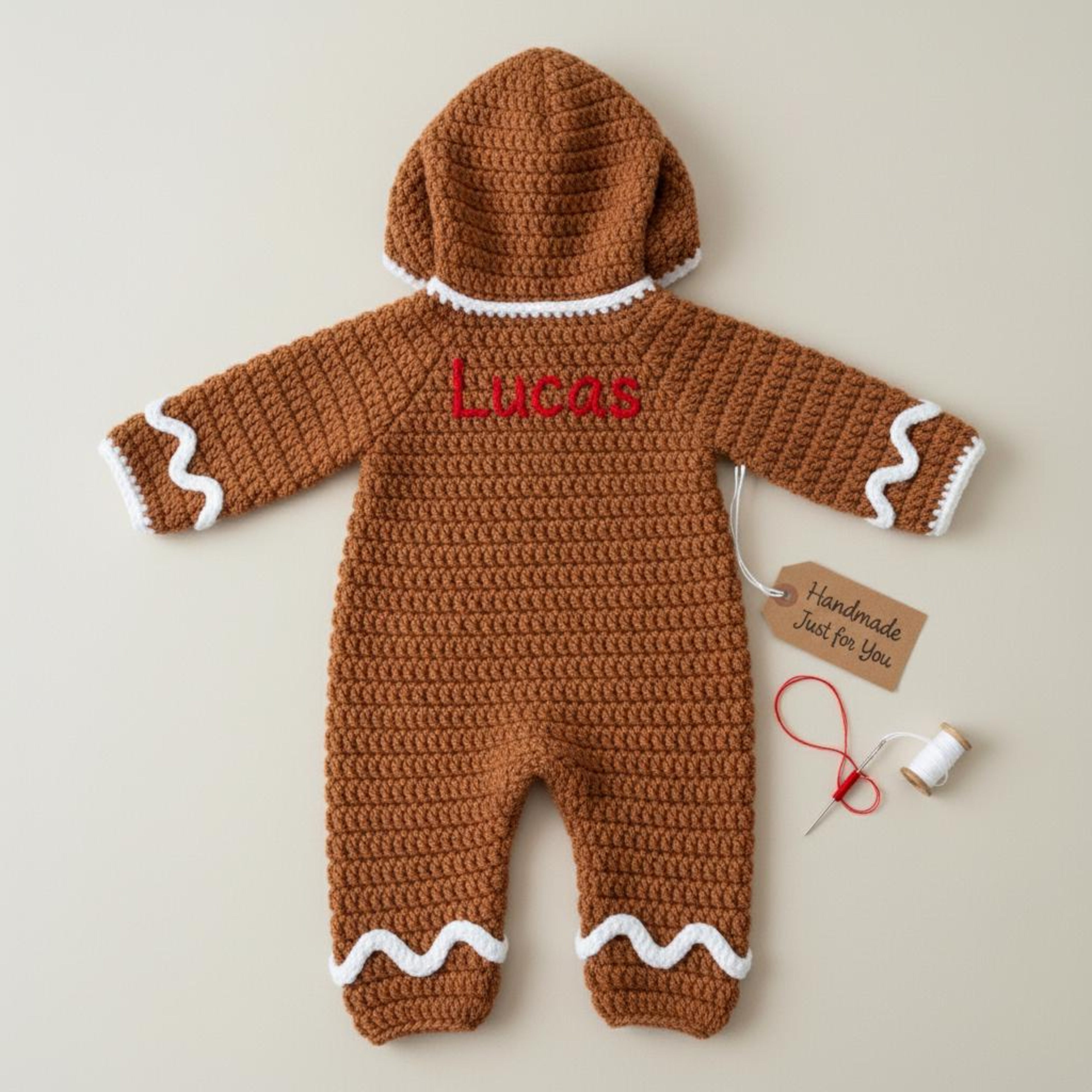 Adorable Crochet Gingerbread Baby Outfit, Handmade Christmas Hooded Romper, Newborn Holiday Photo Prop, Baby’s First Christmas Gift