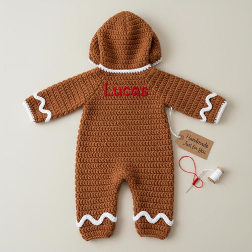 Adorable Crochet Gingerbread Baby Outfit, Handmade Christmas Hooded Romper, Newborn Holiday Photo Prop, Baby’s First Christmas Gift