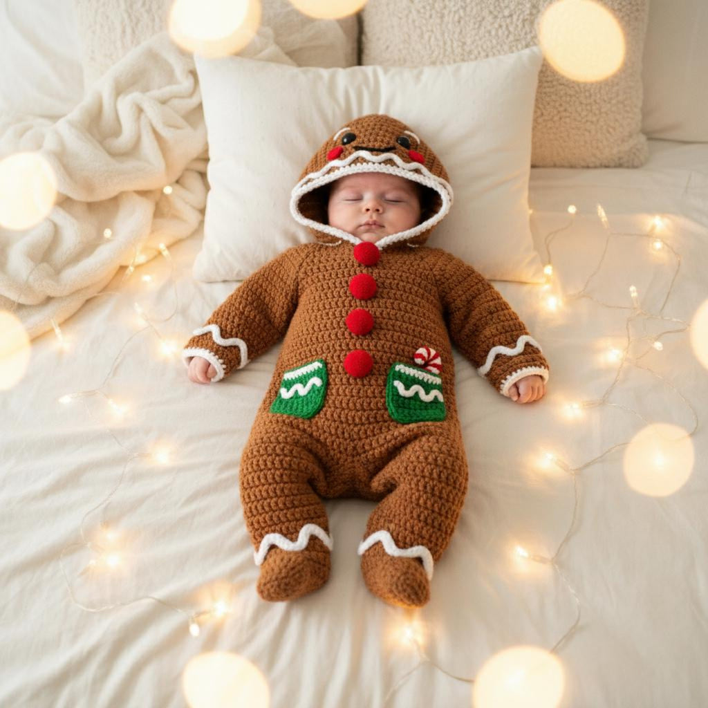 Adorable Crochet Gingerbread Baby Outfit, Handmade Christmas Hooded Romper, Newborn Holiday Photo Prop, Baby’s First Christmas Gift