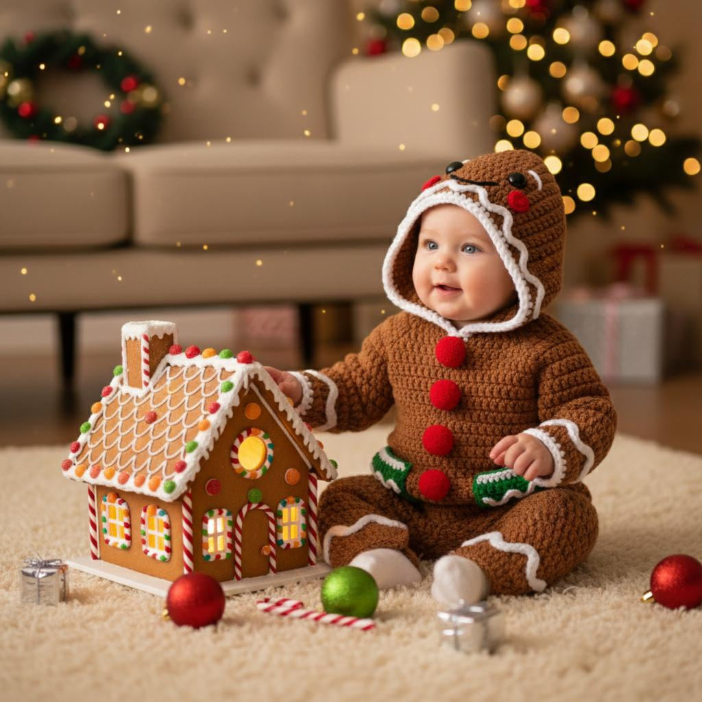 Adorable Crochet Gingerbread Baby Outfit, Handmade Christmas Hooded Romper, Newborn Holiday Photo Prop, Baby’s First Christmas Gift