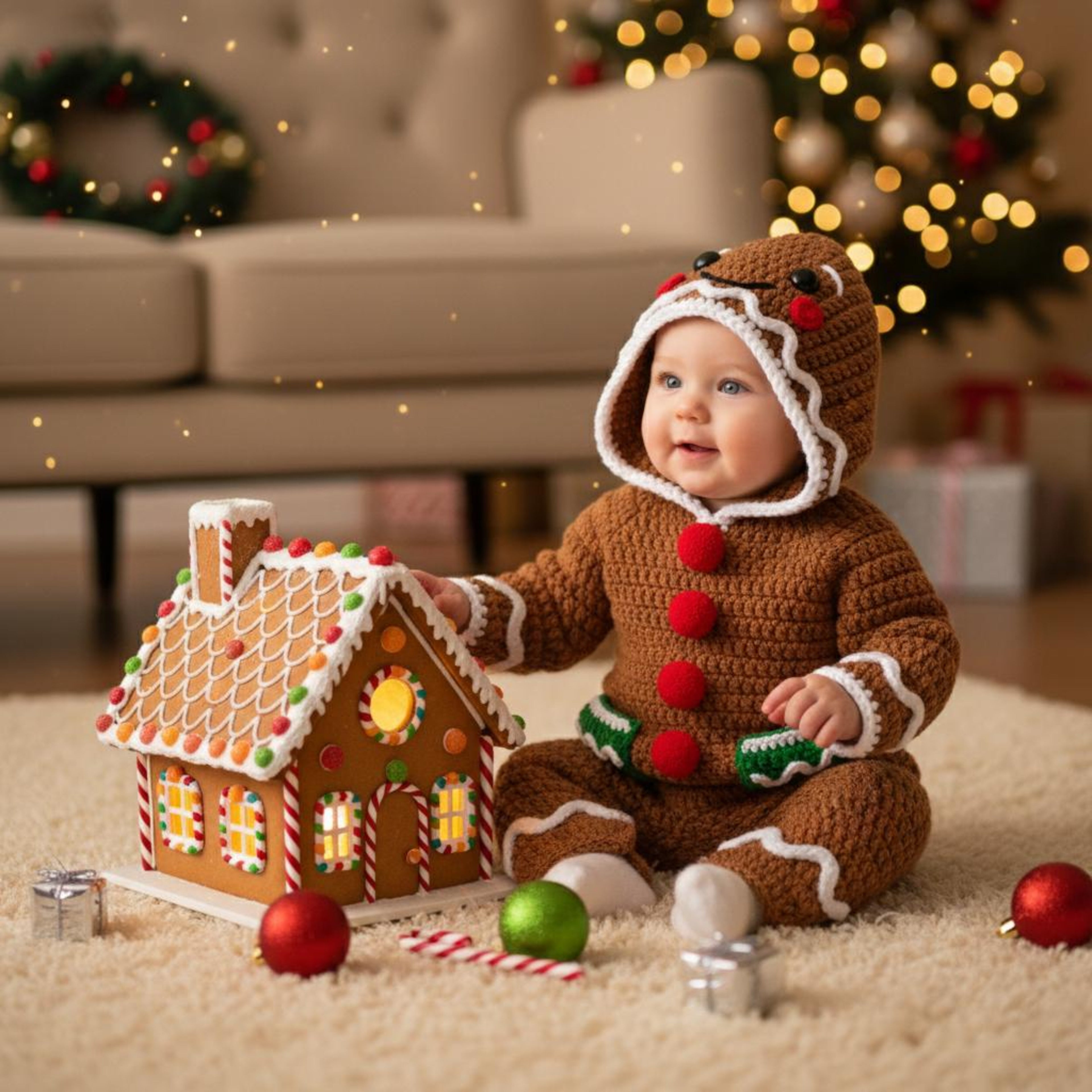 Adorable Crochet Gingerbread Baby Outfit, Handmade Christmas Hooded Romper, Newborn Holiday Photo Prop, Baby’s First Christmas Gift