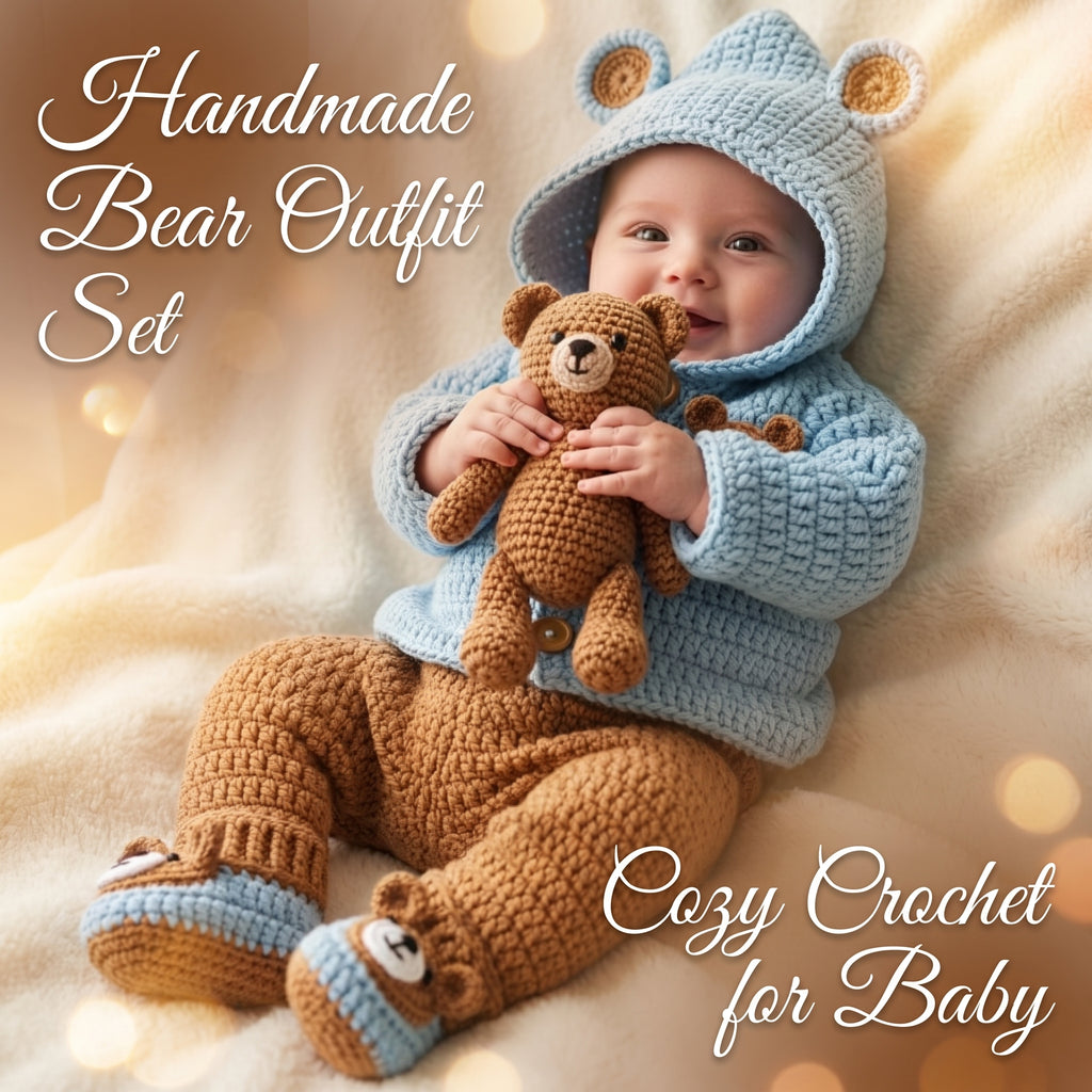 Handmade Crochet Teddy Bear Baby Outfit, Blue Hooded Cardigan Pants & Booties Set, Newborn Coming Home Outfit, Baby Shower Gift