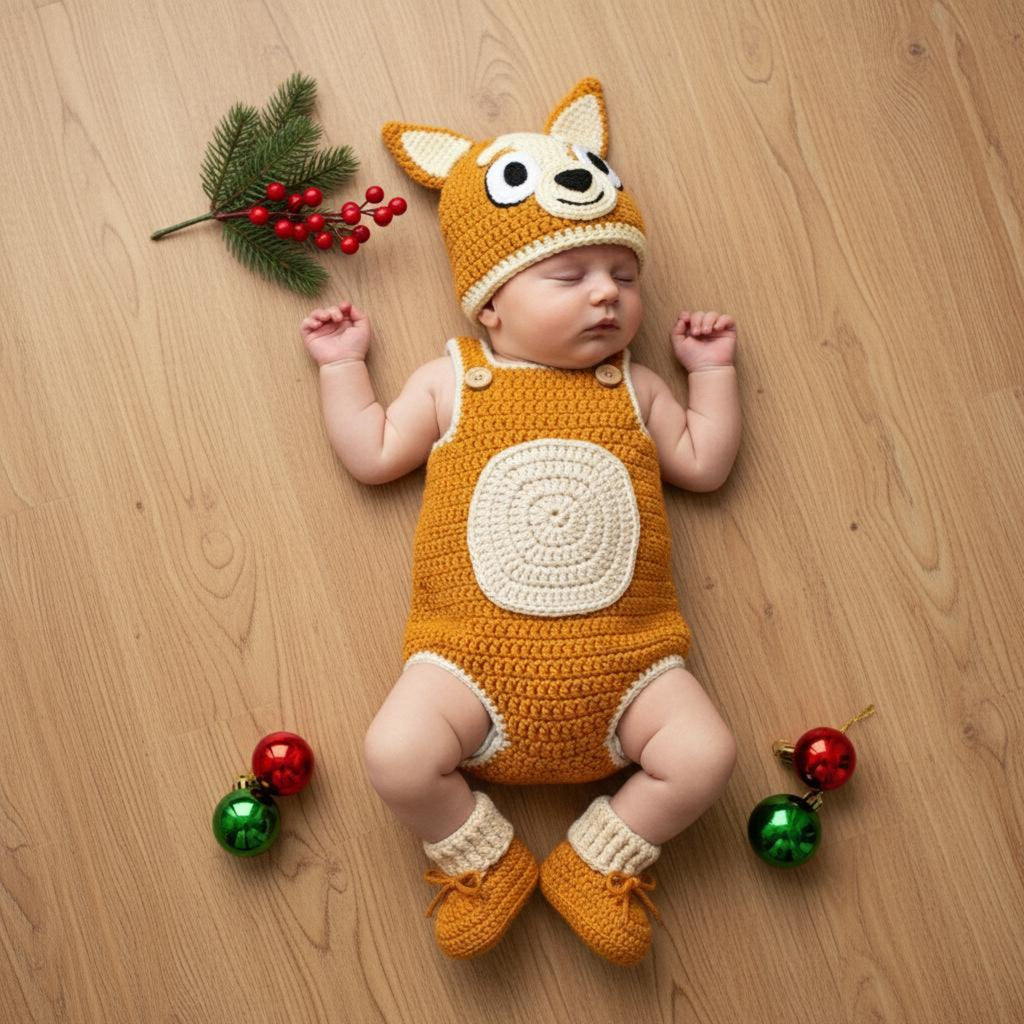 Adorable Crochet Puppy Baby Outfit, Handmade Brown Dog Romper Hat & Booties Set, Newborn Photo Prop, Baby Shower Gift