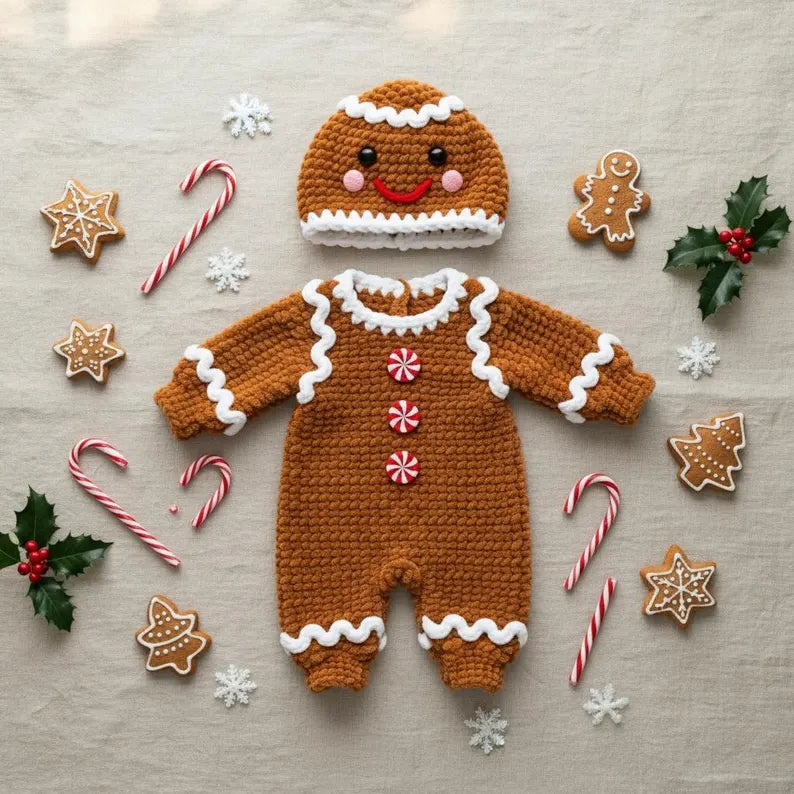 A plush handmade brown crochet gingerbread baby outfit with long sleeves, white icing-style trim, and peppermint buttons, laid flat next to a matching gingerbread beanie, candy canes, star cookies, and holly leaves on a light background.
