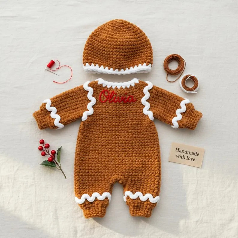 Personalized brown crochet gingerbread baby romper with custom embroidered name Olivia and matching beanie hat.