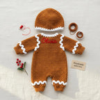 Personalized brown crochet gingerbread baby romper with custom embroidered name Olivia and matching beanie hat.