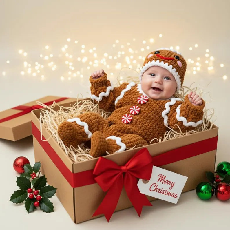 A happy baby wearing a brown crochet gingerbread romper and matching hat lying inside a craft gift box with red ribbon and straw filler, surrounded by Christmas ornaments and a Merry Christmas tag against a fairy light background.