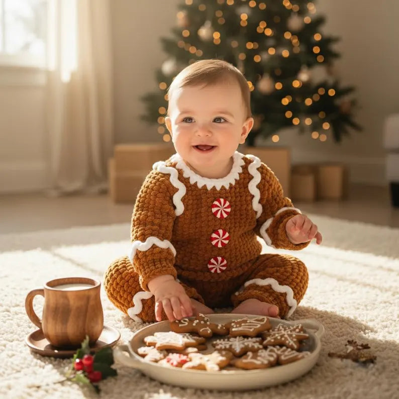 A cute baby wearing a brown crochet gingerbread romper with white wavy icing trim and peppermint buttons, sitting on a fluffy rug next to a tray of Christmas cookies and a mug, with a glowing blurred Christmas tree in the background.