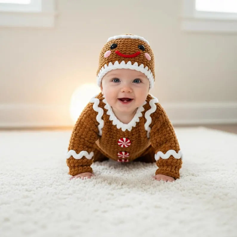 A cute baby crawling on a soft white rug wearing a handmade brown crochet gingerbread romper with white icing trim and peppermint buttons, paired with a matching gingerbread face hat.