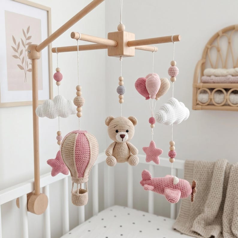 Crochet Teddy Bear Baby Mobile, Gift for girl