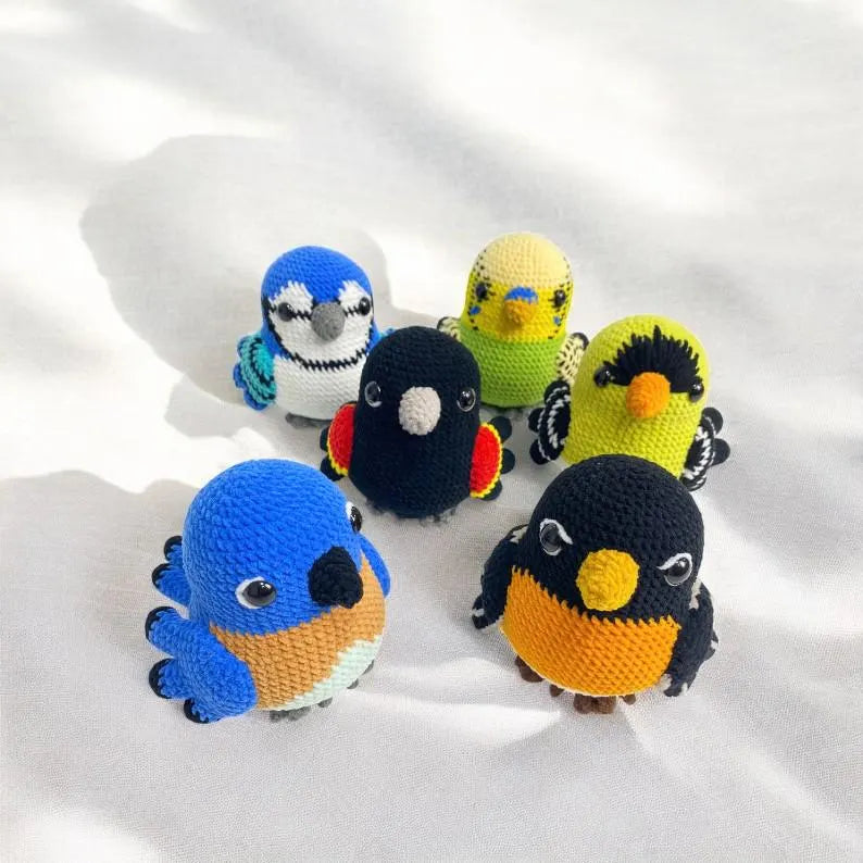 Crochet Bird Plushie Patterns: Cardinal, Bluebird, Goldfinch (PDF)