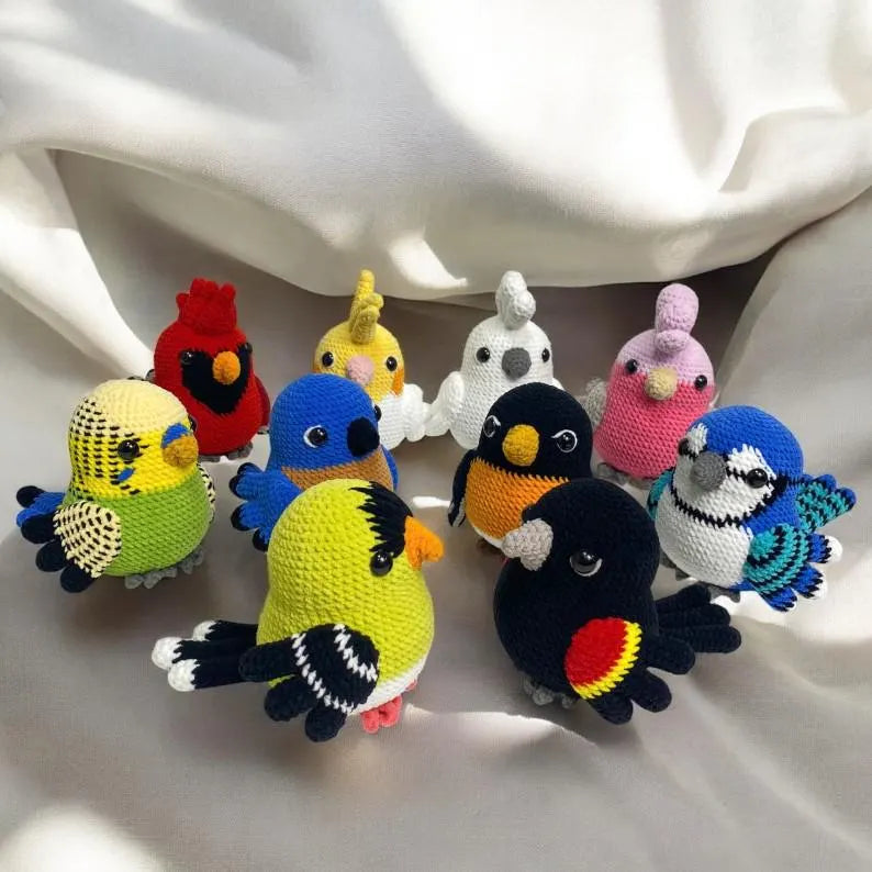 Crochet Bird Plushie Patterns: Cardinal, Bluebird, Goldfinch (PDF)
