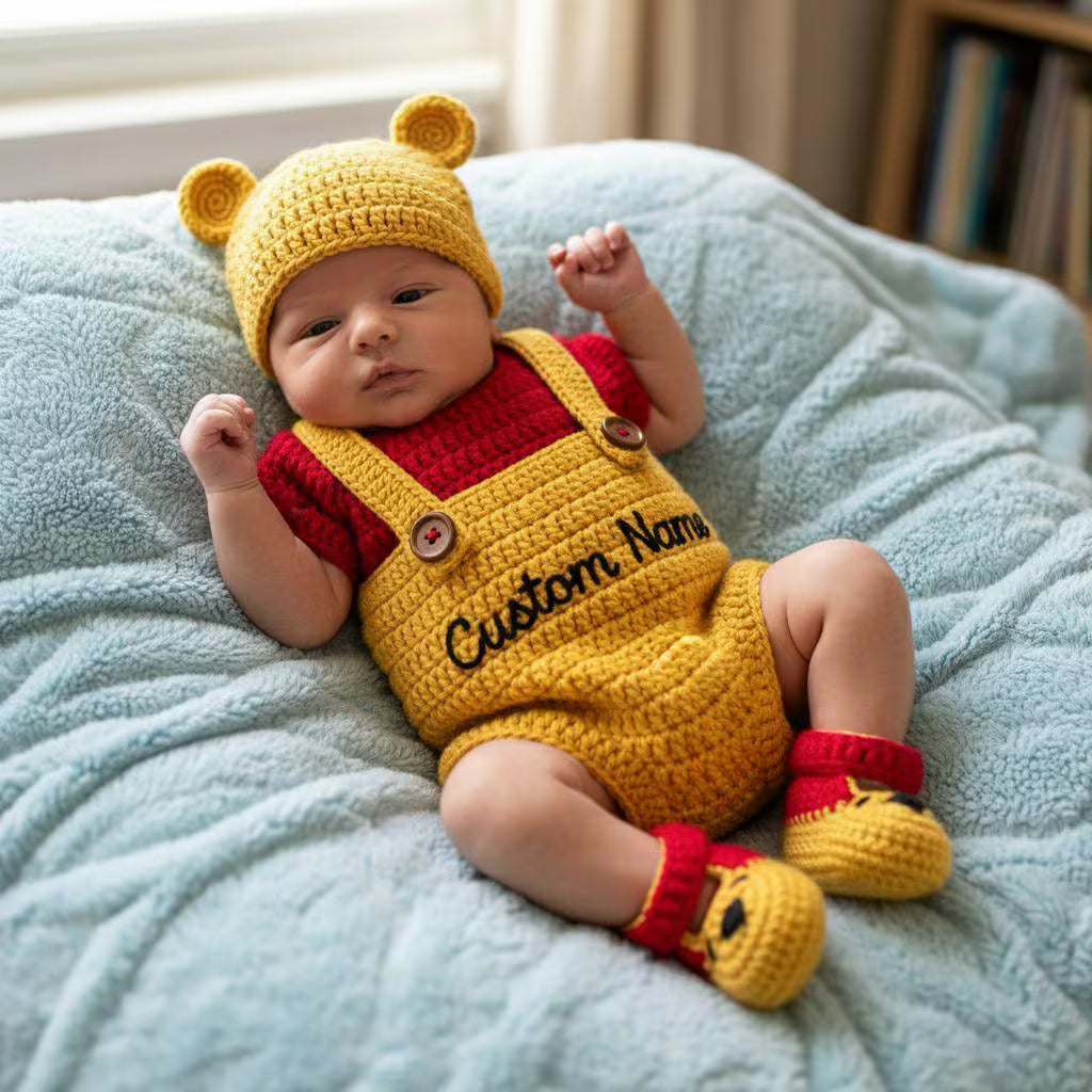 Personalized Crochet Baby Outfit, Winnie the Pooh Tigger or Piglet Romper Set, Hat and Booties, Newborn Photo Prop, Baby Shower Gift