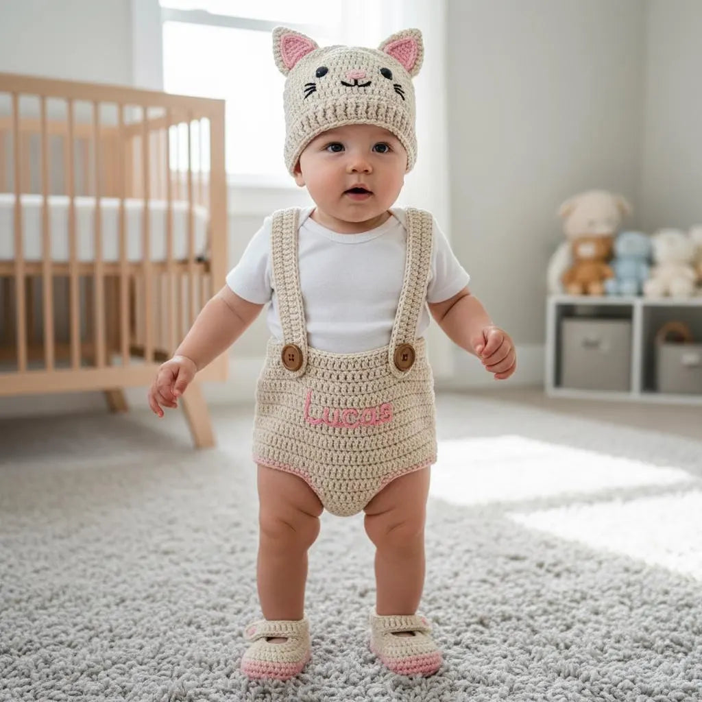 Personalized Crochet Baby Outfit Set, Puppy Cat Mouse Romper with Hat and Booties, Newborn Photo Prop, Custom Baby Shower Gift
