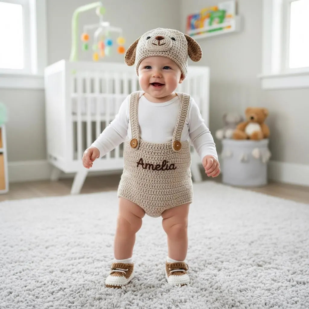 Personalized Crochet Baby Outfit Set, Puppy Cat Mouse Romper with Hat and Booties, Newborn Photo Prop, Custom Baby Shower Gift