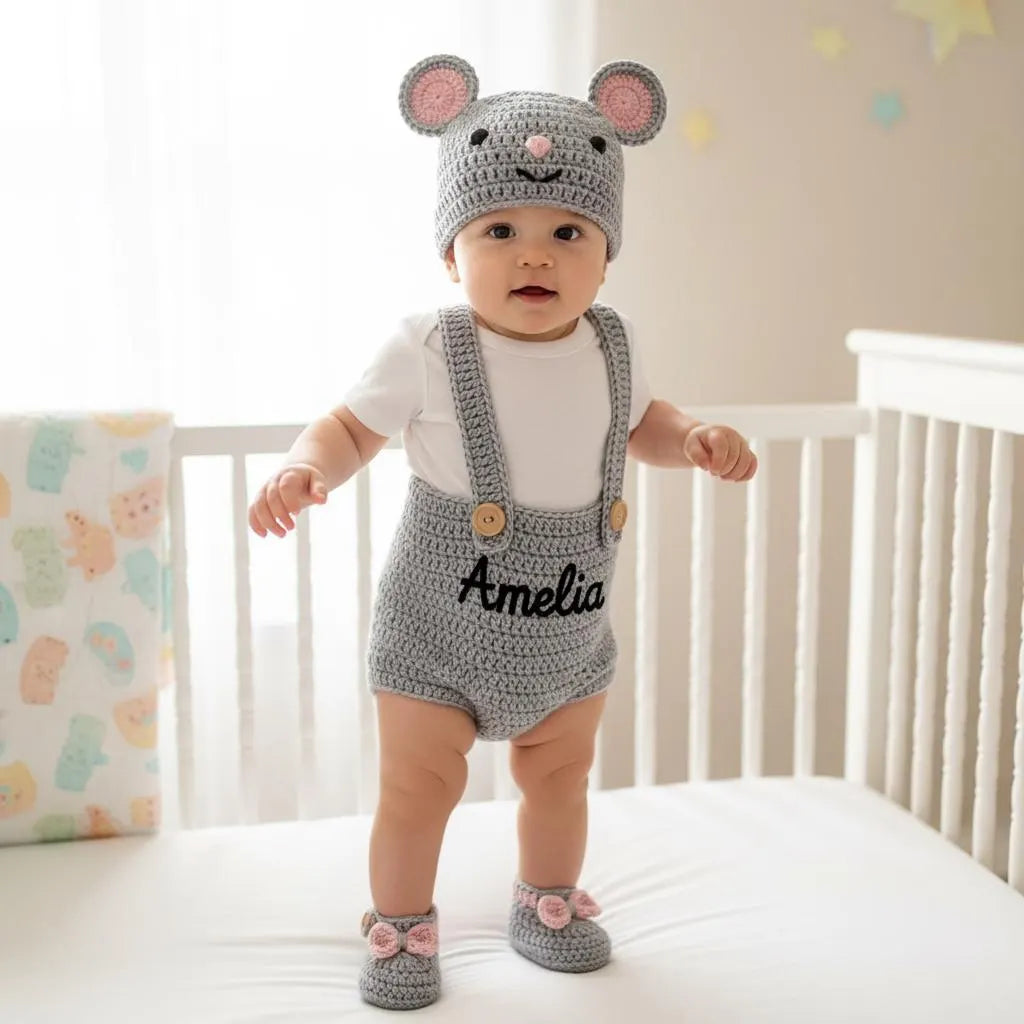 Personalized Crochet Baby Outfit Set, Puppy Cat Mouse Romper with Hat and Booties, Newborn Photo Prop, Custom Baby Shower Gift