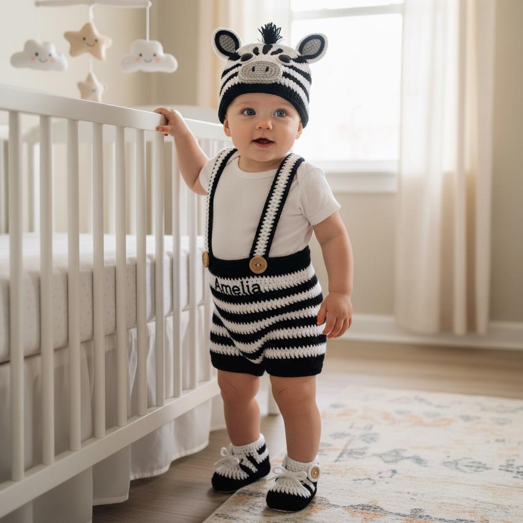 Personalized Crochet Safari Baby Outfit, Zebra Deer Giraffe Romper Set with Hat and Booties, Newborn Photo Prop, Baby Shower Gift