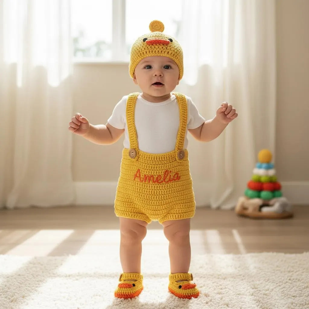 Personalized Crochet Baby Outfit, Duck Chick Pig Romper Set with Hat and Booties, Newborn Photo Prop, Custom Baby Shower Gift