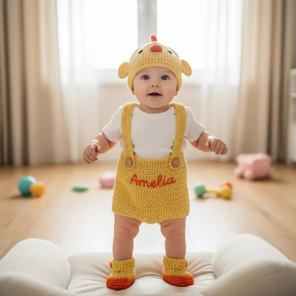 Personalized Crochet Baby Outfit, Duck Chick Pig Romper Set with Hat and Booties, Newborn Photo Prop, Custom Baby Shower Gift