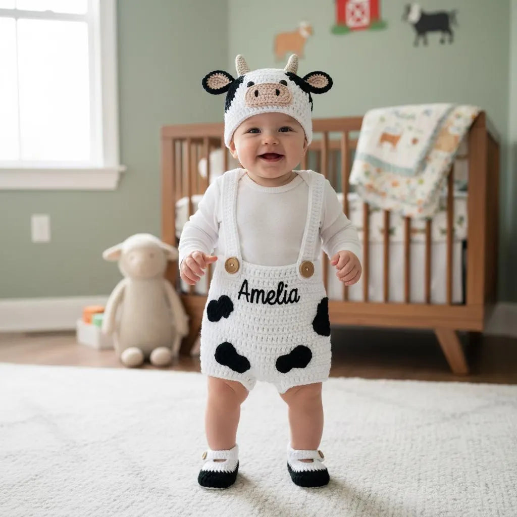 Personalized Crochet Baby Animal Outfit, Sheep Bunny or Cow Romper Set with Hat and Booties, Newborn Photo Prop, Baby Shower Gift