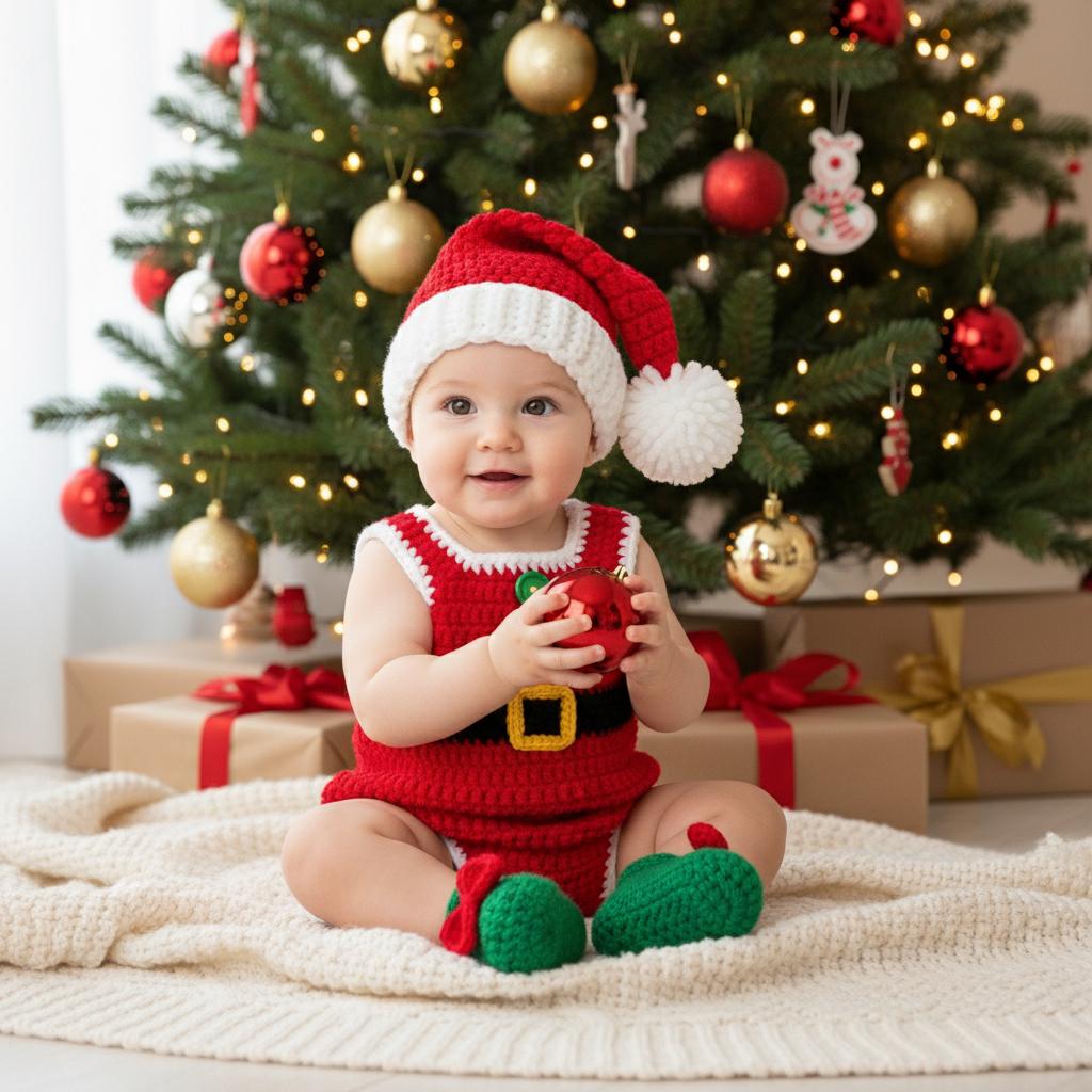 Crochet Santa Baby Outfit, Handmade Christmas Romper Set with Hat and Elf Booties, Newborn Photo Prop, First Christmas Gift