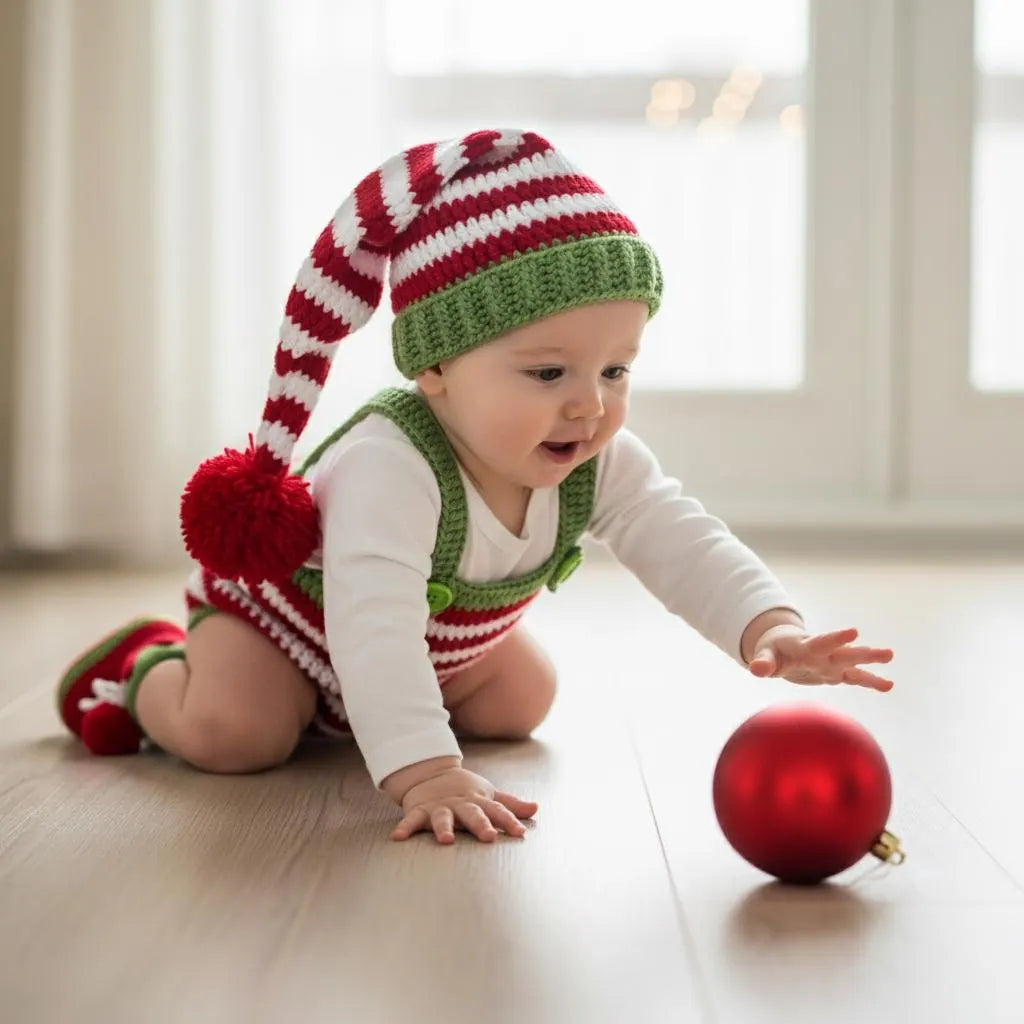Personalized Crochet Baby Elf Outfit, Christmas Romper Hat and Booties Set, Newborn Photo Prop, First Christmas Holiday Gift