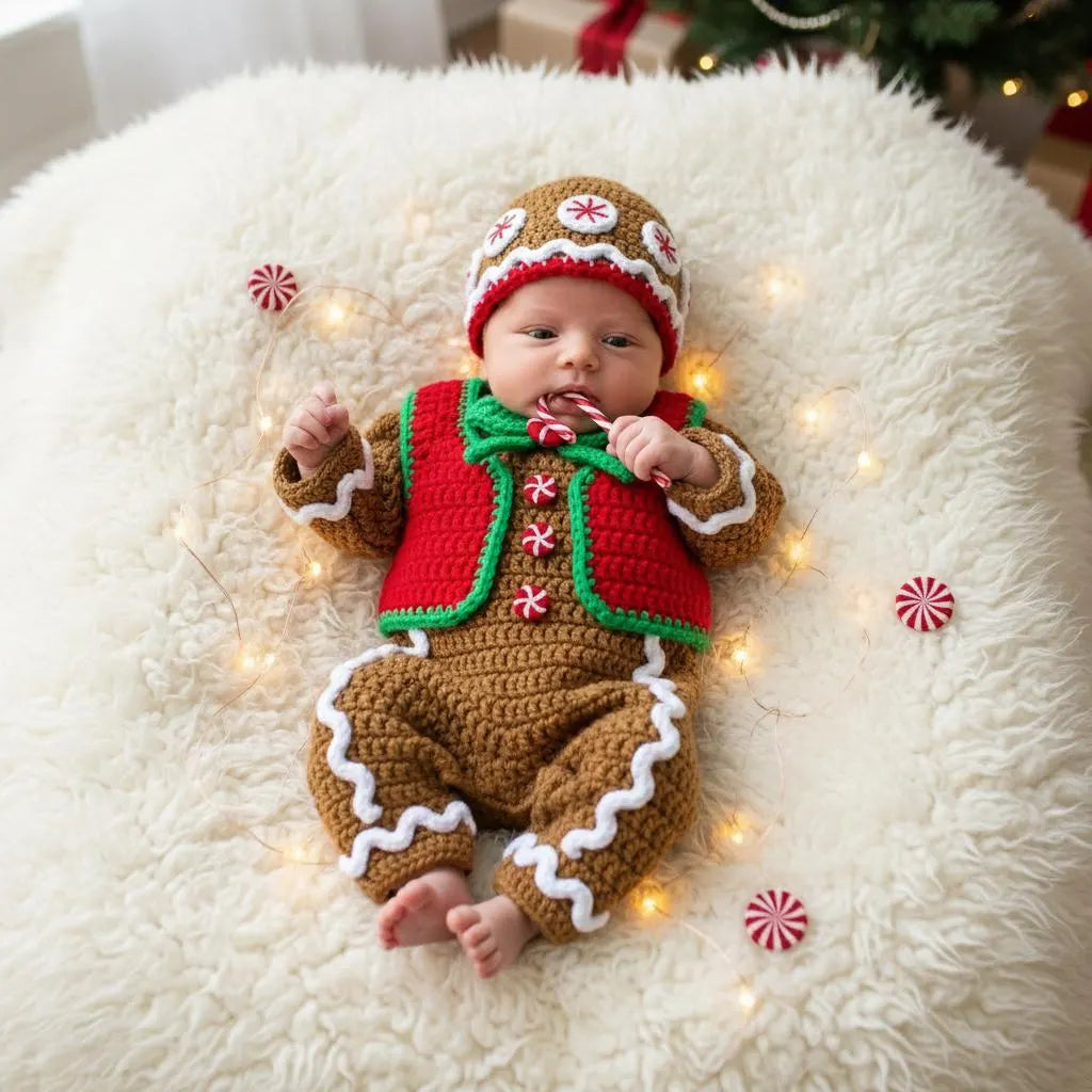 Crochet Gingerbread Baby Outfit, Christmas Romper Vest and Hat Set, Newborn Photo Prop, First Christmas Costume, Holiday Baby Gift