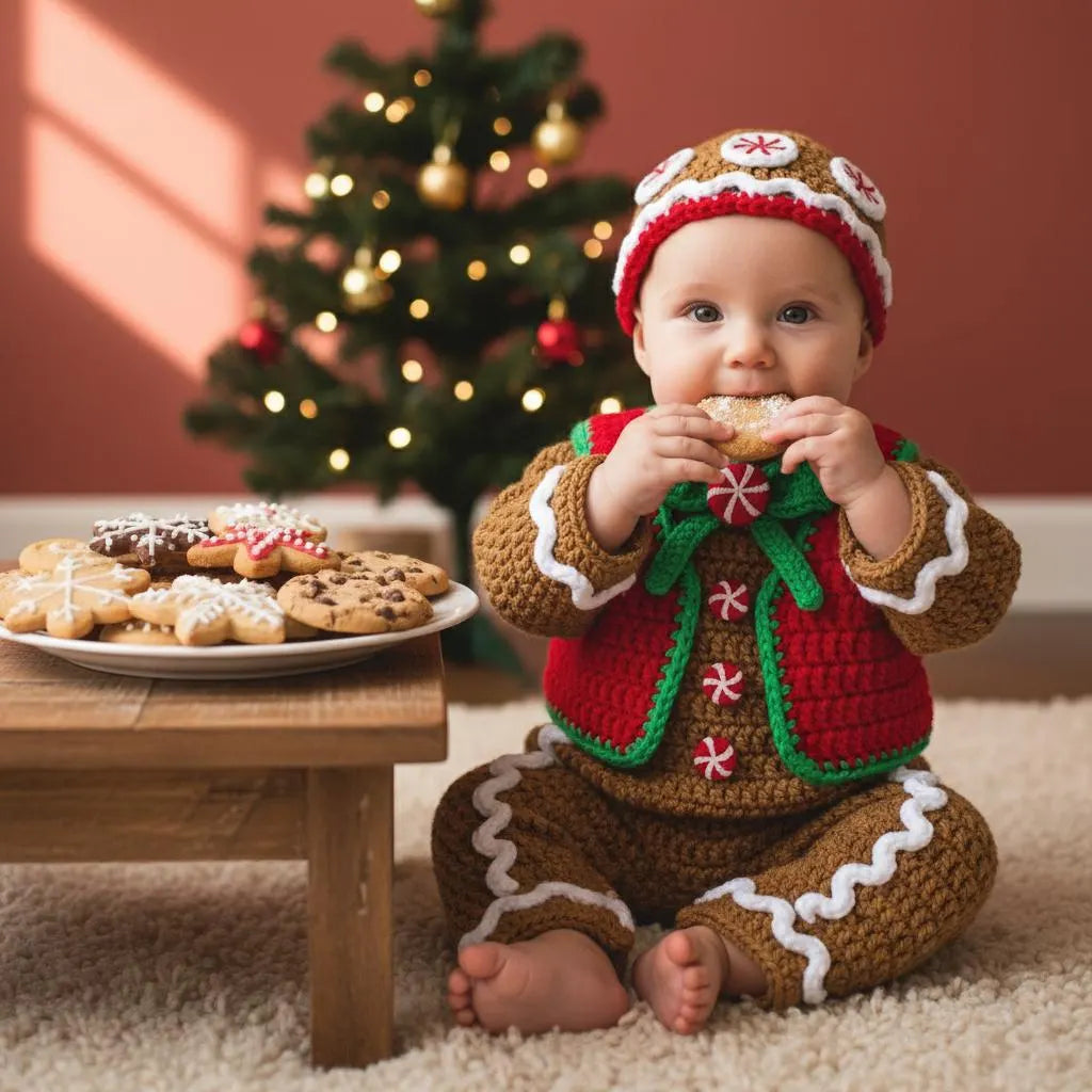 Crochet Gingerbread Baby Outfit, Christmas Romper Vest and Hat Set, Newborn Photo Prop, First Christmas Costume, Holiday Baby Gift