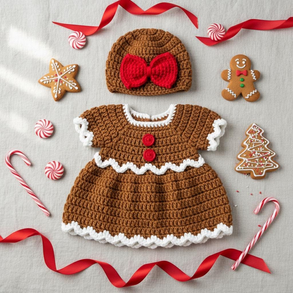 Crochet Gingerbread Baby Dress and Hat Set, Handmade Christmas Outfit, Newborn Photo Prop, First Christmas Gift for Baby Girl
