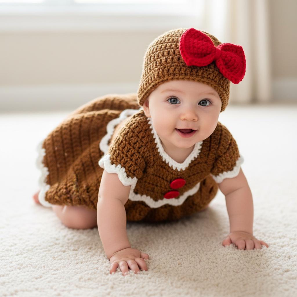 Crochet Gingerbread Baby Dress and Hat Set, Handmade Christmas Outfit, Newborn Photo Prop, First Christmas Gift for Baby Girl
