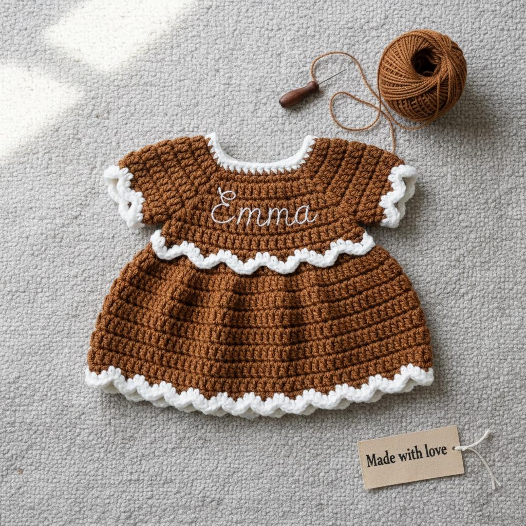 Crochet Gingerbread Baby Dress and Hat Set, Handmade Christmas Outfit, Newborn Photo Prop, First Christmas Gift for Baby Girl