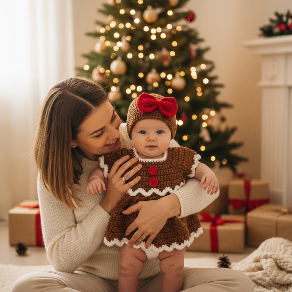 Crochet Gingerbread Baby Dress and Hat Set, Handmade Christmas Outfit, Newborn Photo Prop, First Christmas Gift for Baby Girl