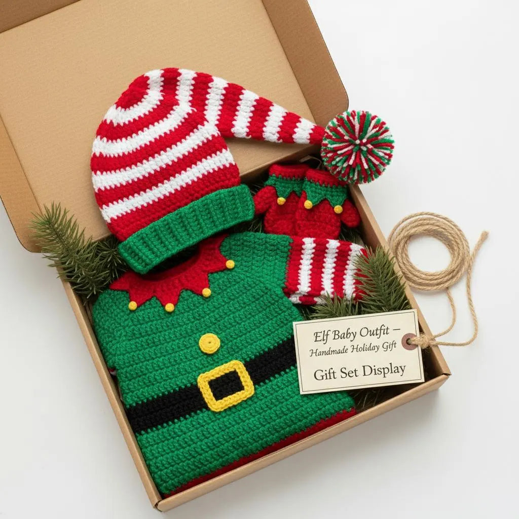 Crochet Christmas Elf Baby Outfit, Elf Sweater Hat and Mittens Set, Newborn Photo Prop, First Christmas Costume, Holiday Baby Gift