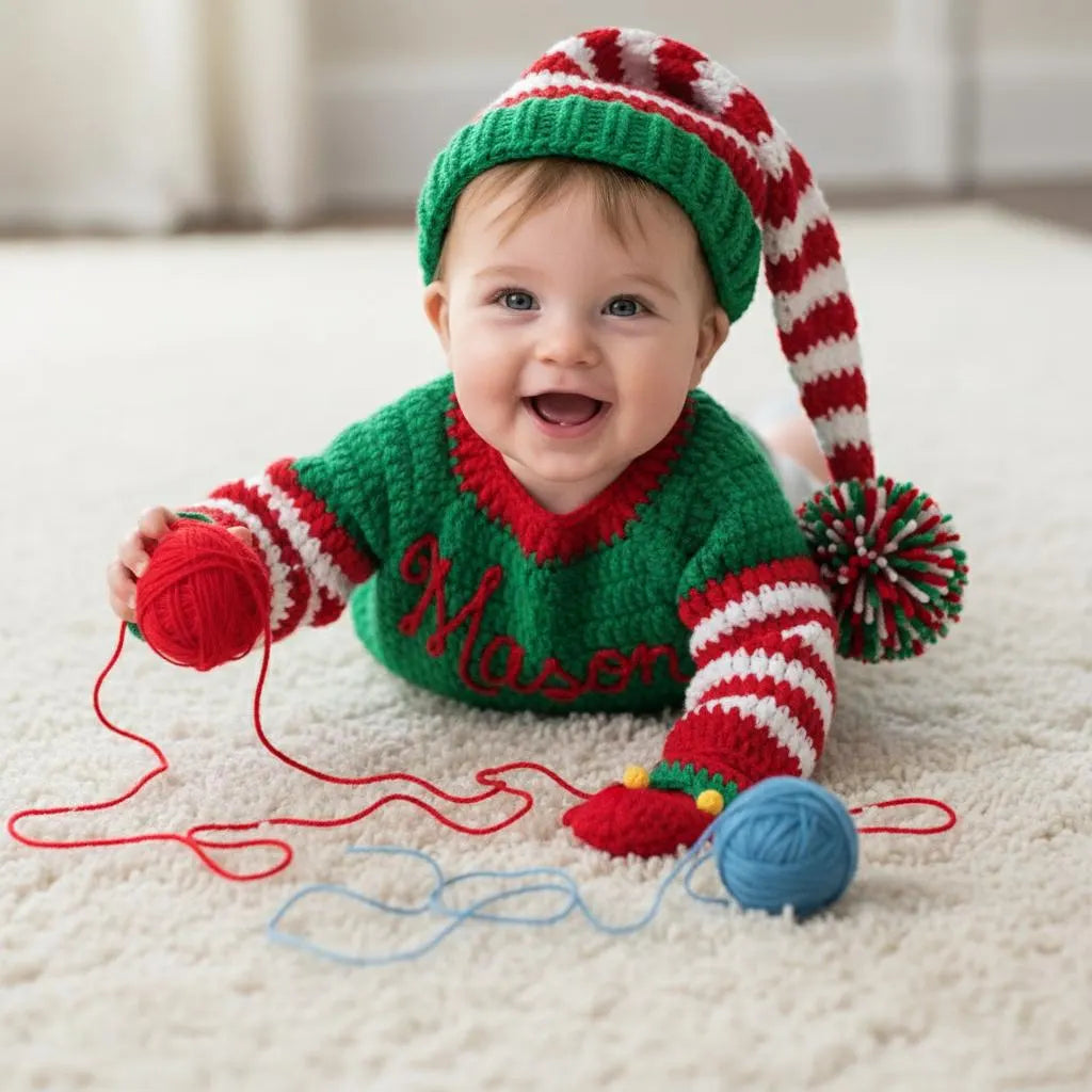 Crochet Christmas Elf Baby Outfit, Elf Sweater Hat and Mittens Set, Newborn Photo Prop, First Christmas Costume, Holiday Baby Gift