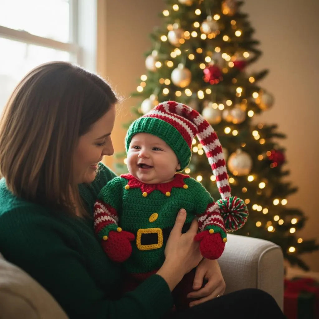 Crochet Christmas Elf Baby Outfit, Elf Sweater Hat and Mittens Set, Newborn Photo Prop, First Christmas Costume, Holiday Baby Gift