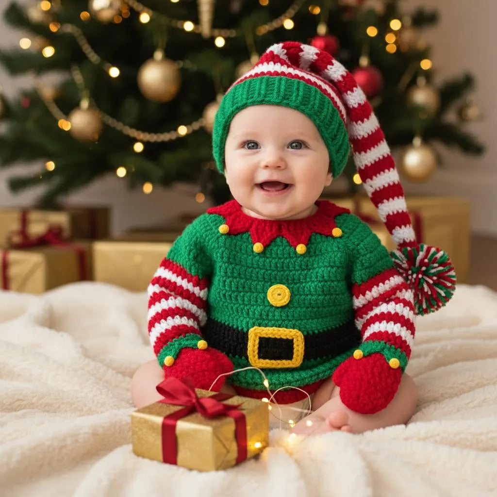 Crochet Christmas Elf Baby Outfit, Elf Sweater Hat and Mittens Set, Newborn Photo Prop, First Christmas Costume, Holiday Baby Gift