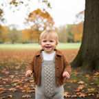 Handmade Crochet Baby Outfit, Cable Romper & Brown Cardigan Set, Newborn Coming Home Outfit, Baby Shower Gift
