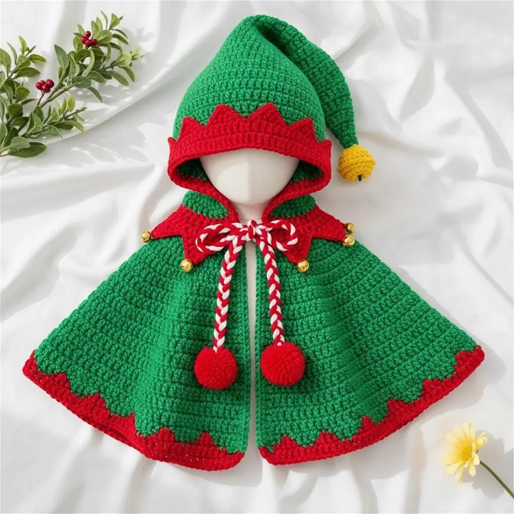 Handmade Crochet Elf Baby Outfit, Green Red Cape & Hat Set with Bells, Newborn Christmas Photo Prop, First Christmas Gift