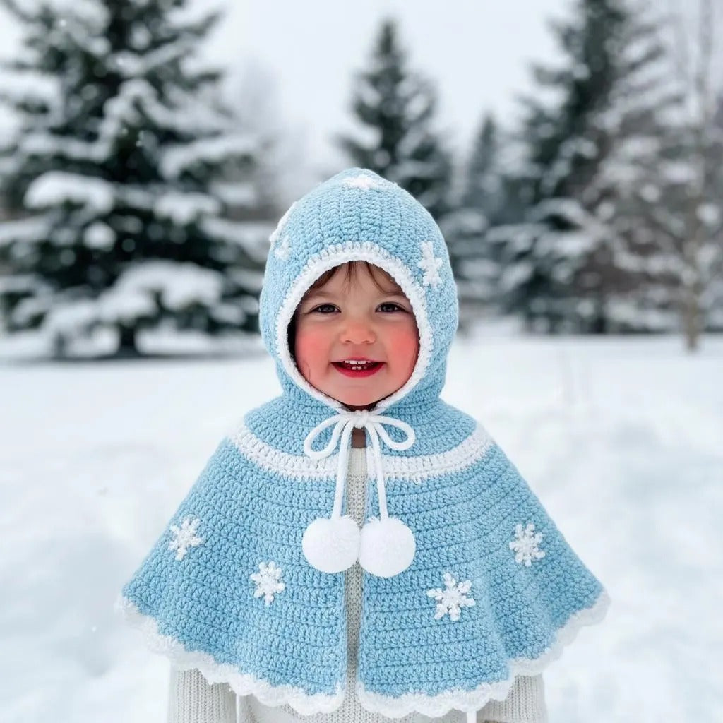 Crochet Baby Cape, Handmade Blue Snowflake Hooded Poncho, Winter Princess Newborn Photo Prop, Baby Shower Gift