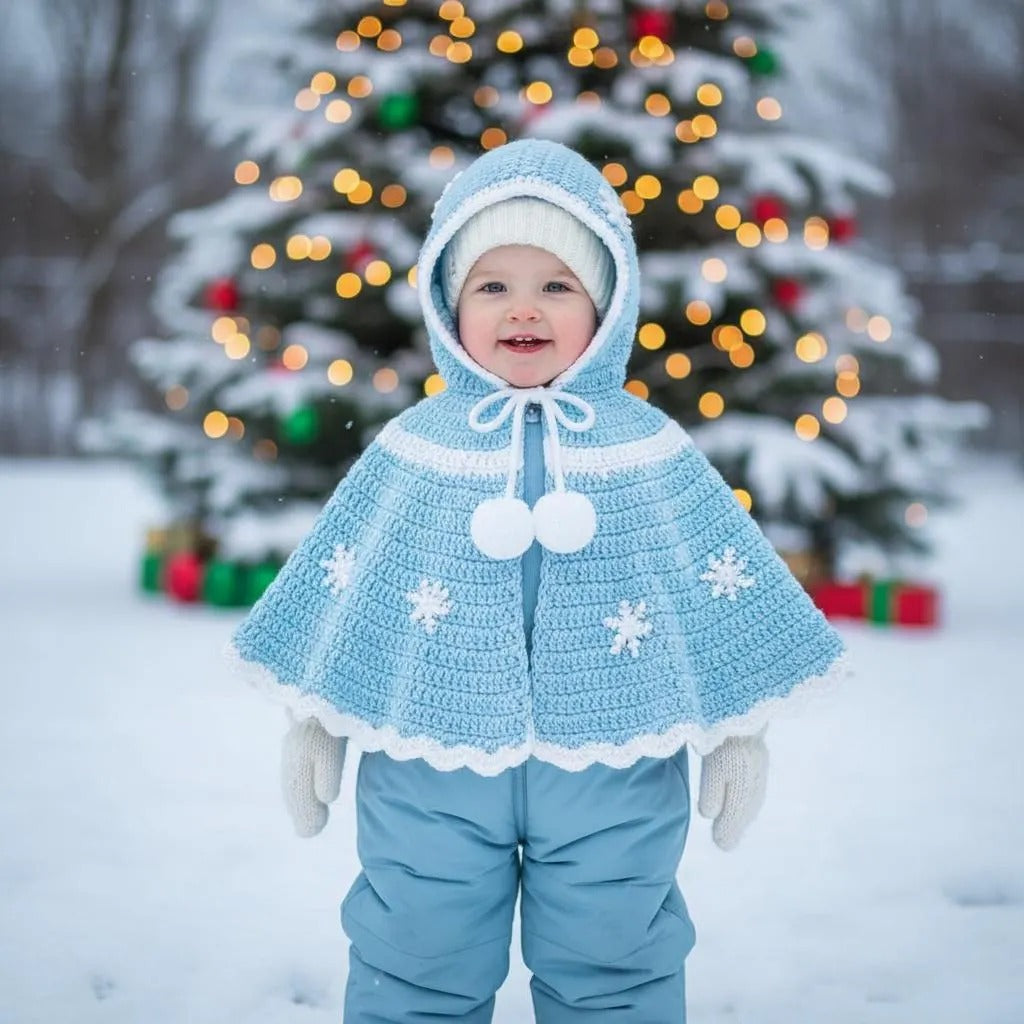 Crochet Baby Cape, Handmade Blue Snowflake Hooded Poncho, Winter Princess Newborn Photo Prop, Baby Shower Gift