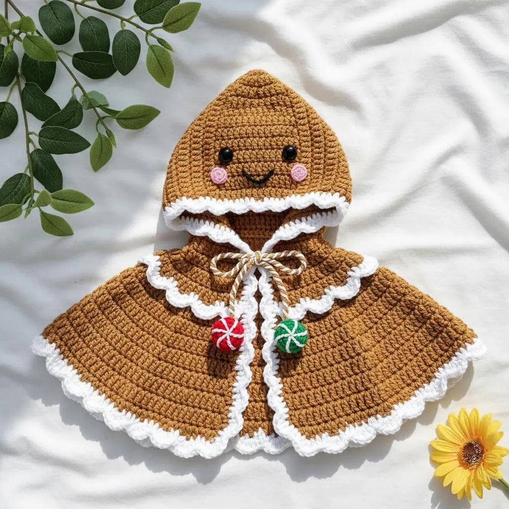 Crochet Gingerbread Baby Cape, Hooded Christmas Poncho, Newborn Photo Prop, First Christmas Outfit, Holiday Baby Costume