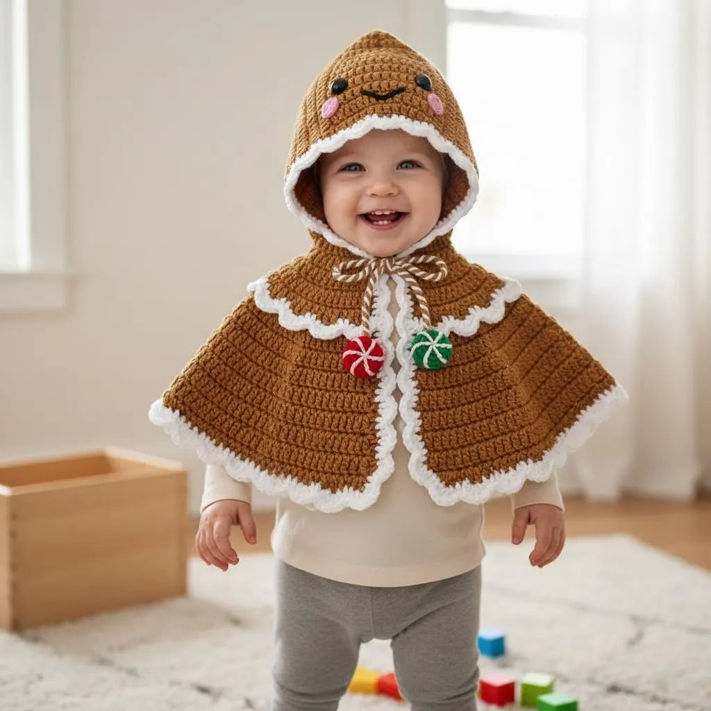 Crochet Gingerbread Baby Cape, Hooded Christmas Poncho, Newborn Photo Prop, First Christmas Outfit, Holiday Baby Costume